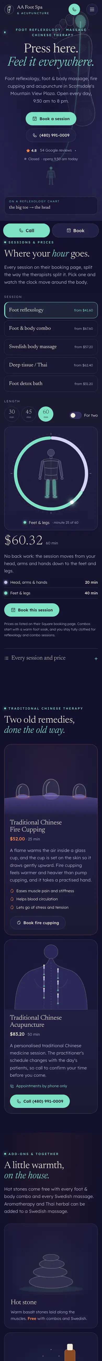 AA Foot Spa & Acupuncture website, full mobile page