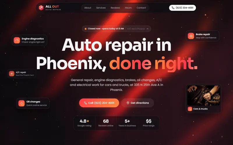 All Out Auto Repair website, first screen