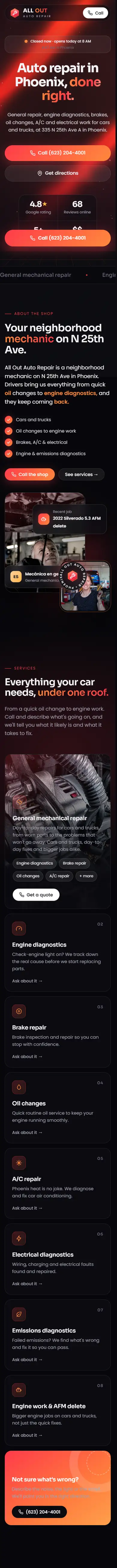 All Out Auto Repair website, full mobile page