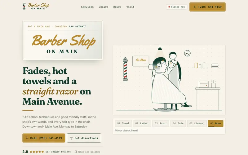 Barber Shop On Main website, first screen