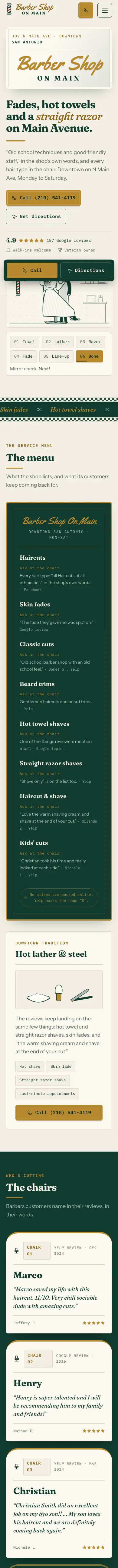 Barber Shop On Main website, full mobile page