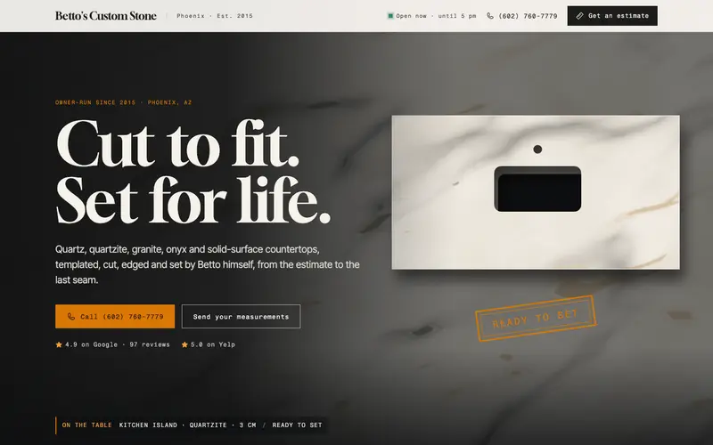 Betto's Custom Stone website, first screen