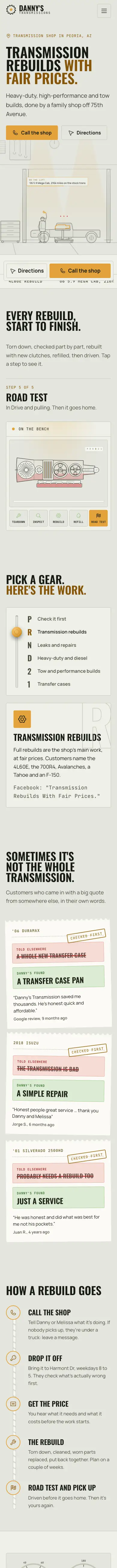 Danny's Transmissions website, full mobile page