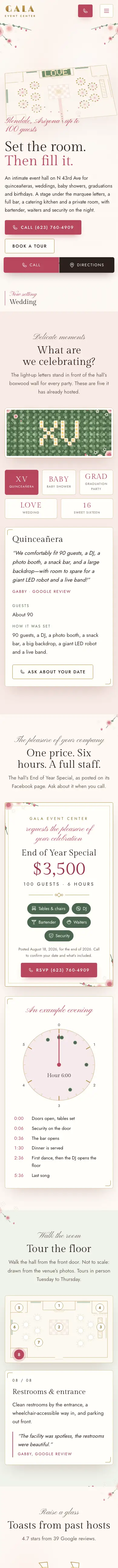 GALA Event Center website, full mobile page