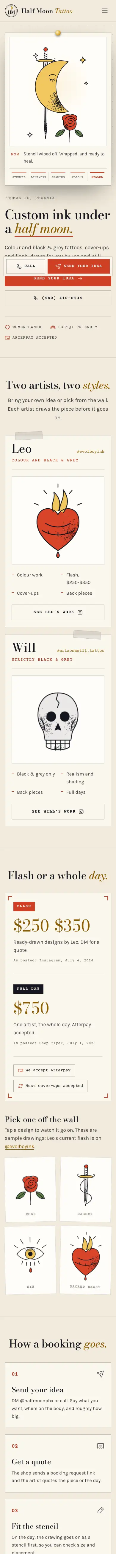 Half Moon Tattoo website, full mobile page