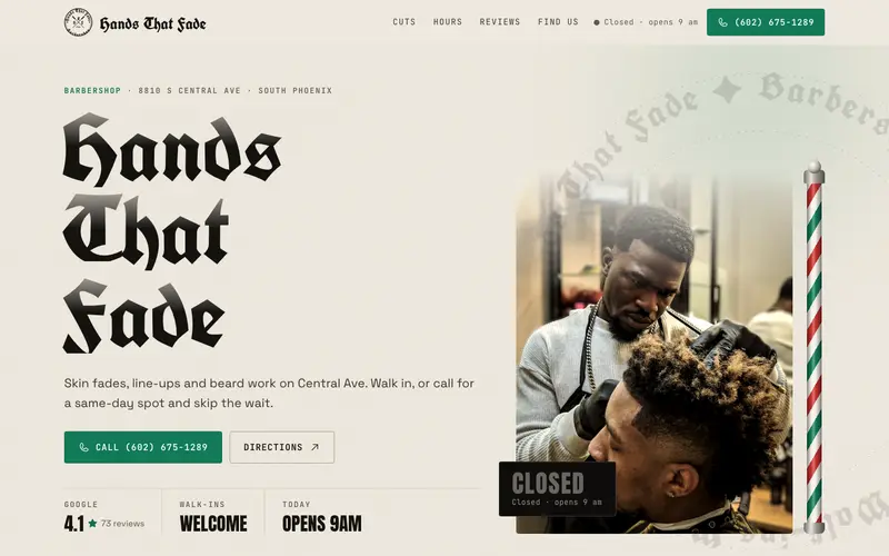 Hands That Fade Barbershop website, first screen