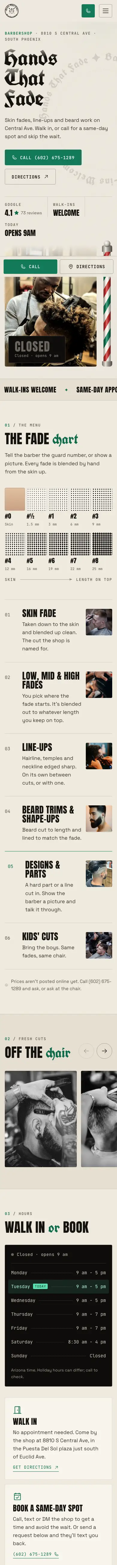 Hands That Fade Barbershop website, full mobile page
