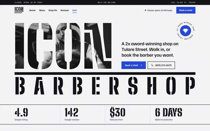 Icon Barbershop website, first screen