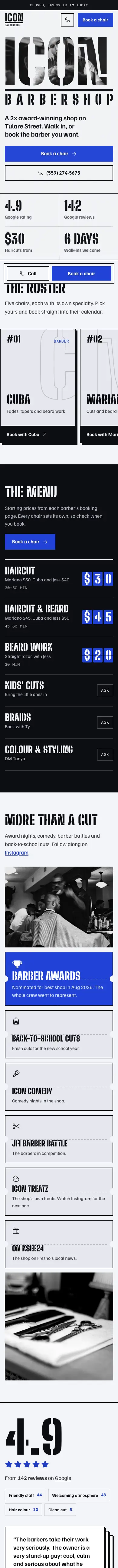 Icon Barbershop website, full mobile page