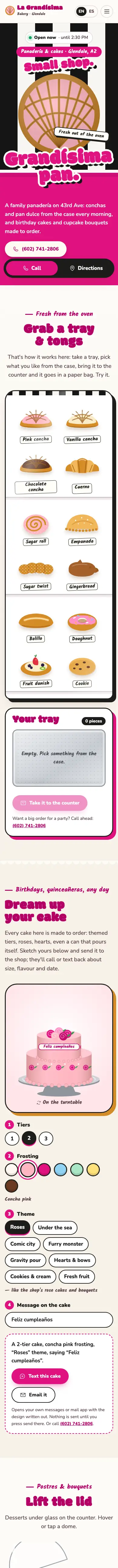 La Grandisima Bakery website, full mobile page