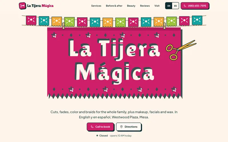 La Tijera Mágica Salon वेबसाइट, पहली स्क्रीन