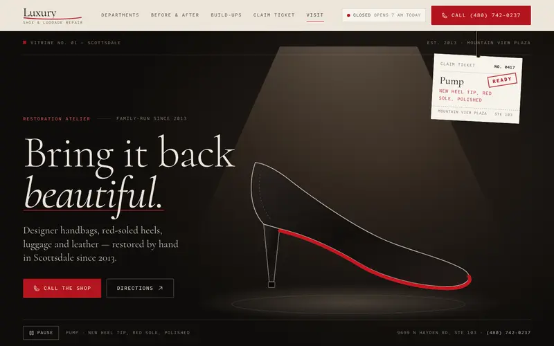 Luxury Shoe and Luggage Repair website, first screen