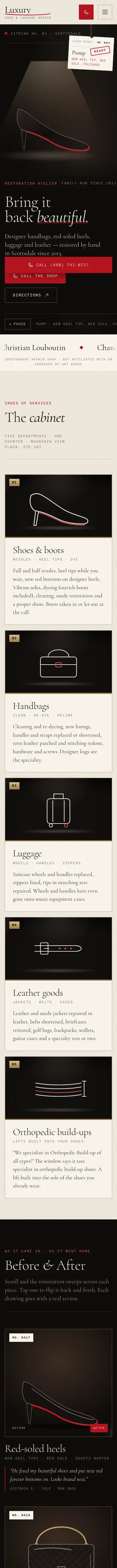 Luxury Shoe and Luggage Repair website, full mobile page