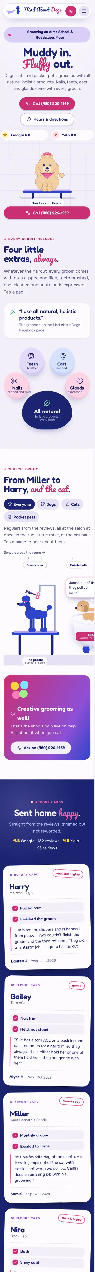 Sitio web de Mad About Dogs, página completa en celular