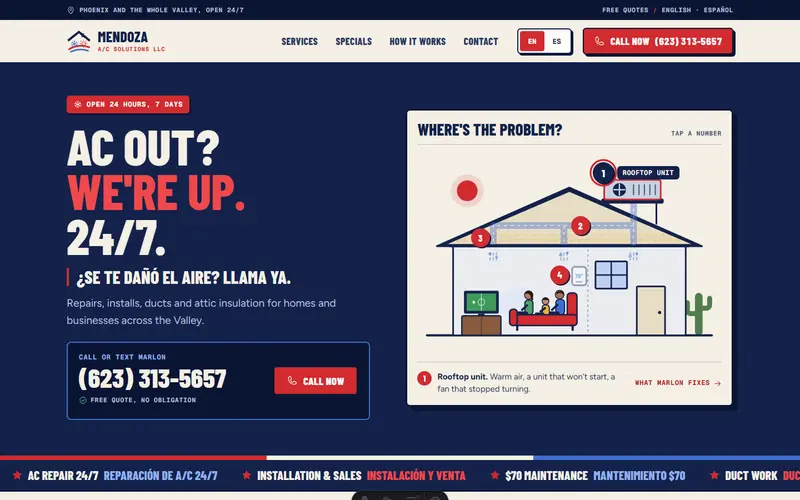 Mendoza A/C Solutions website, first screen