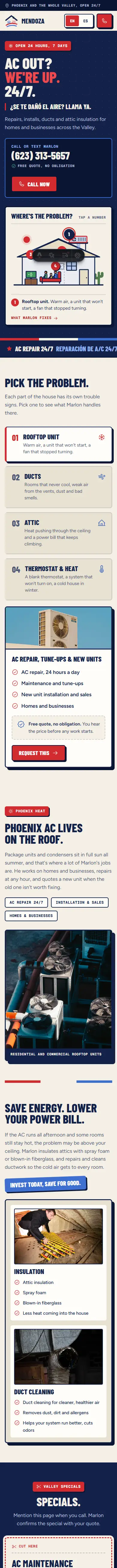 Mendoza A/C Solutions website, full mobile page