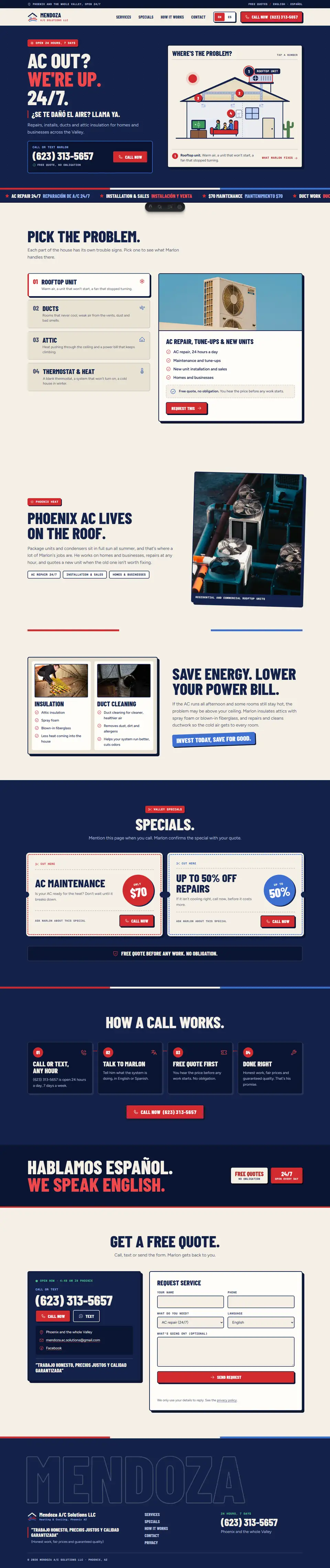Mendoza A/C Solutions: poster · bilingual hvac website