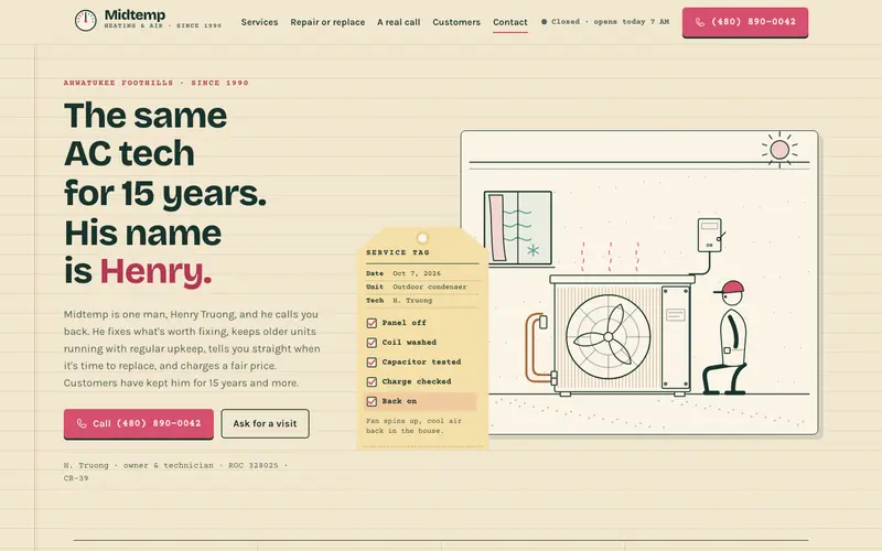 Midtemp Heating & Air Conditioning website, first screen