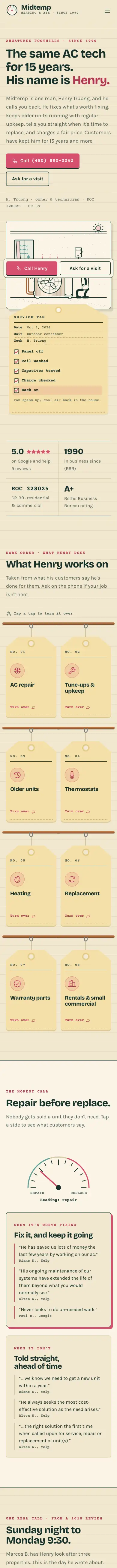 Midtemp Heating & Air Conditioning website, full mobile page