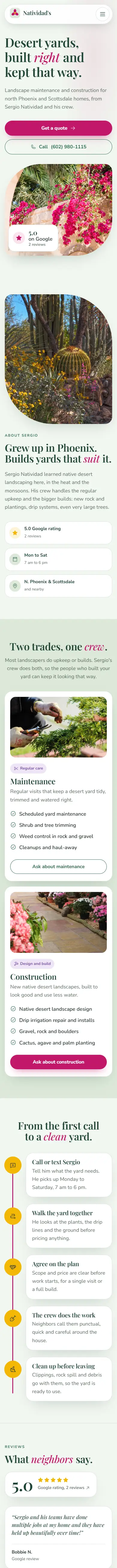 Natividad's Landscaping website, full mobile page