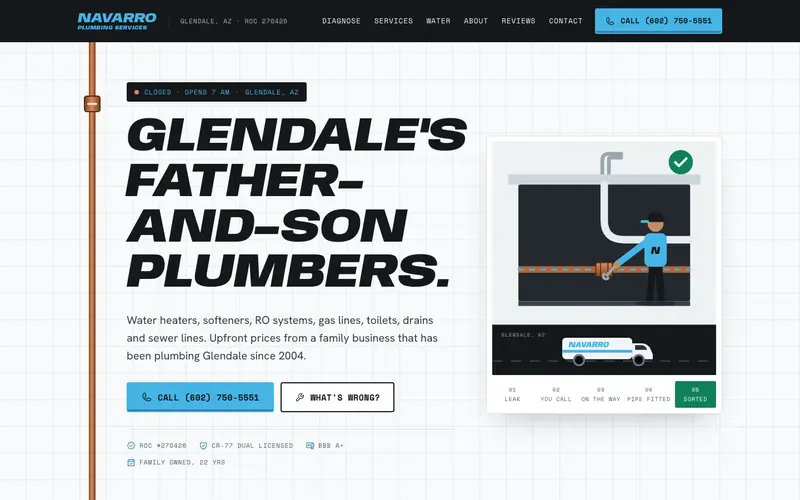 Navarro Plumbing Services website, first screen