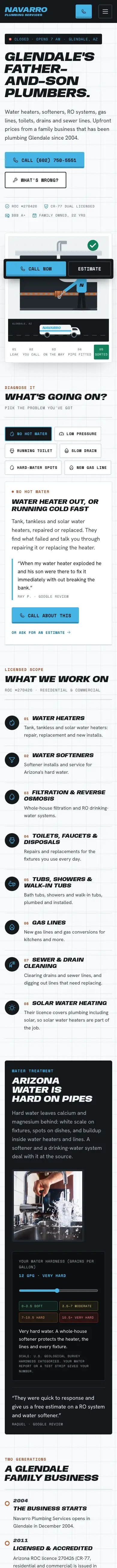 Navarro Plumbing Services website, full mobile page