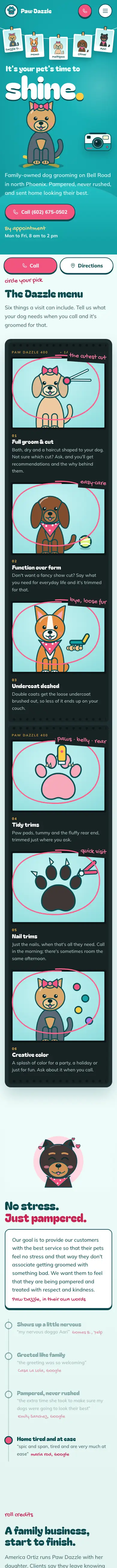 Paw Dazzle वेबसाइट, पूरा मोबाइल पेज