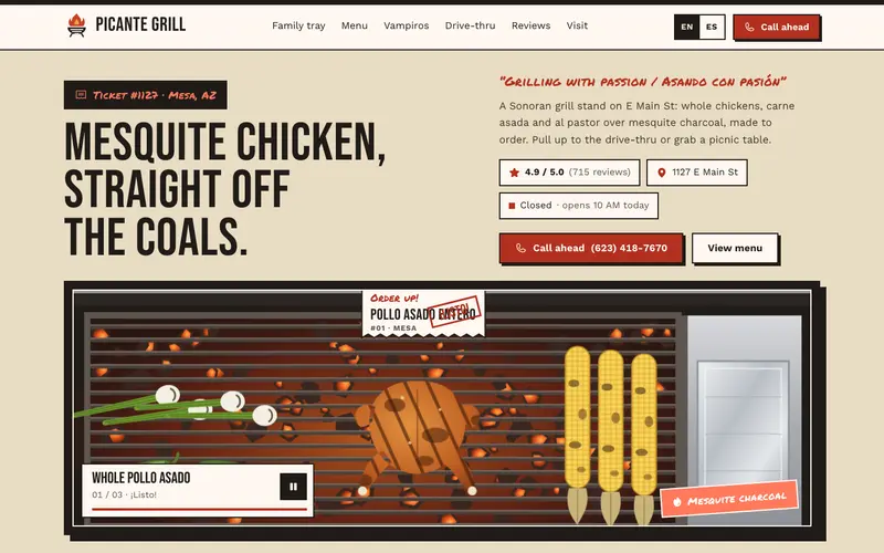 Picante Grill वेबसाइट, पहली स्क्रीन