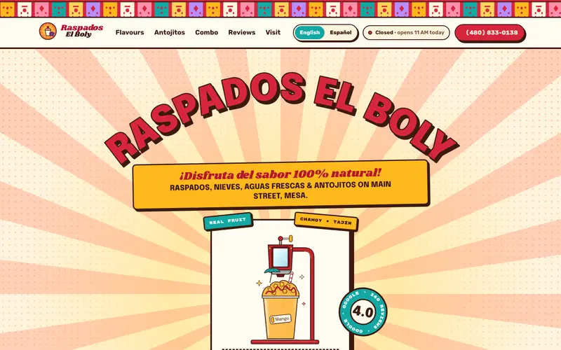 Raspados El Boly वेबसाइट, पहली स्क्रीन