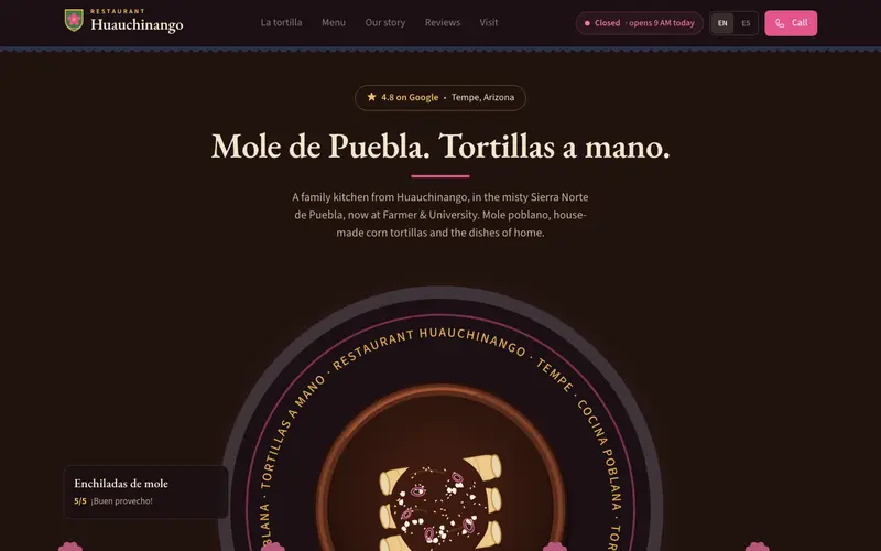 Restaurant Huauchinango वेबसाइट, पहली स्क्रीन