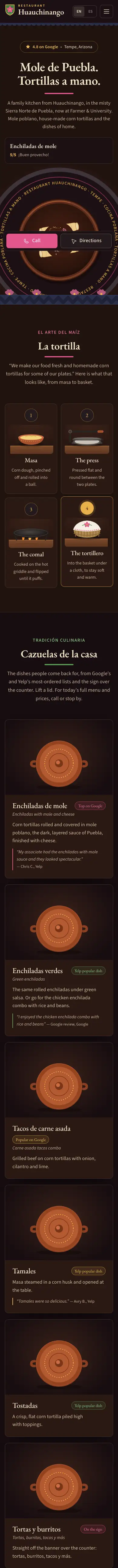 Restaurant Huauchinango website, full mobile page