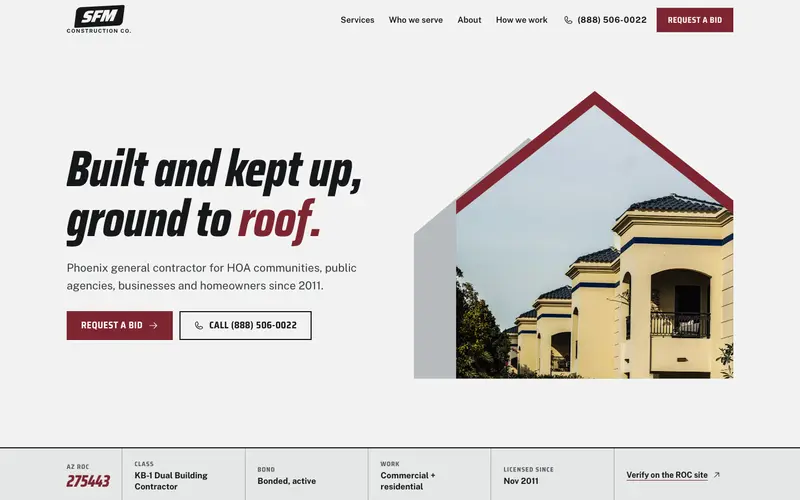 SFM Construction Co. website, first screen