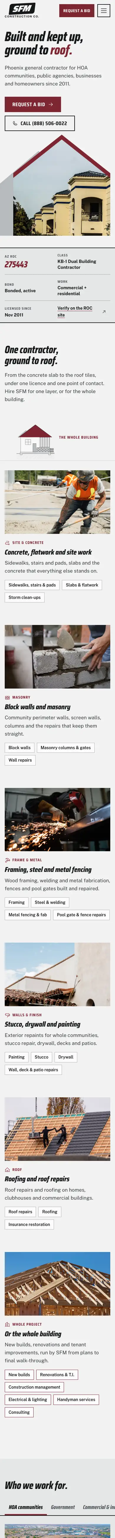 SFM Construction Co. website, full mobile page