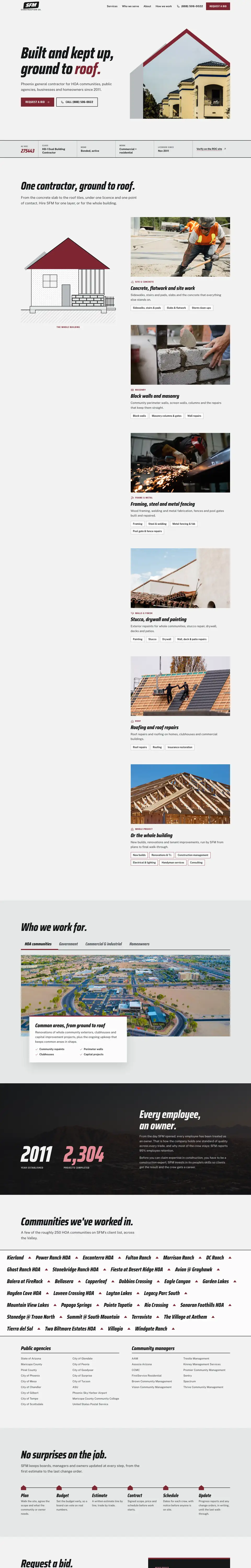 SFM Construction Co. website, full desktop page
