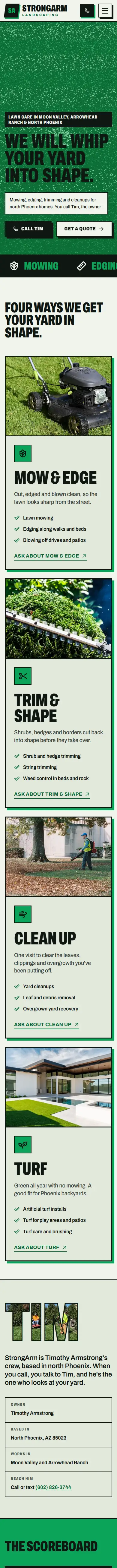 StrongArm Landscaping website, full mobile page