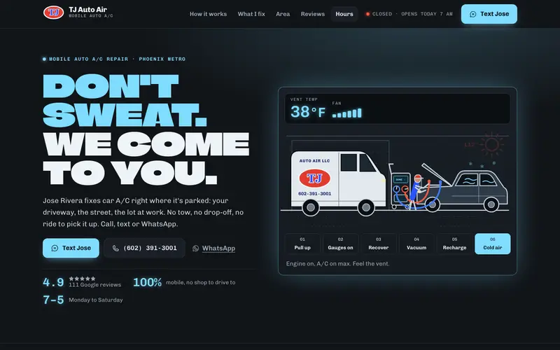 TJ Auto Air website, first screen