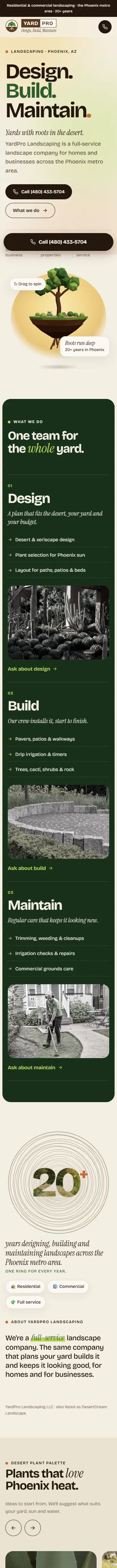 YardPro Landscaping website, full mobile page